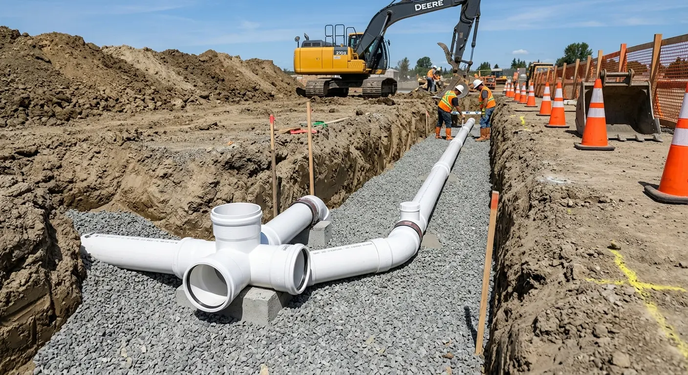 New PVC sewer pipe installation in open trench for Sewer Camera Inspection in Campbell