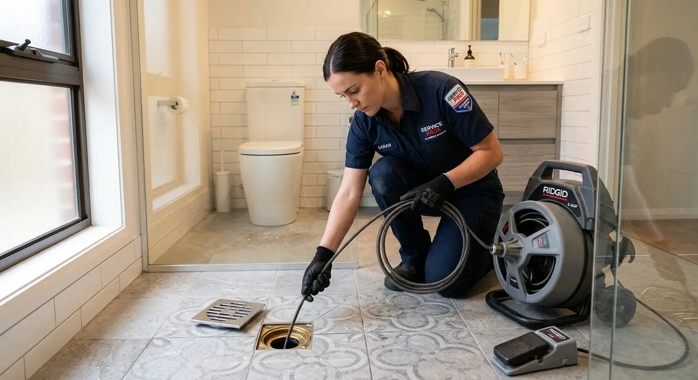 Technician clearing a bathroom floor drain for Drain Repair in Campbell
